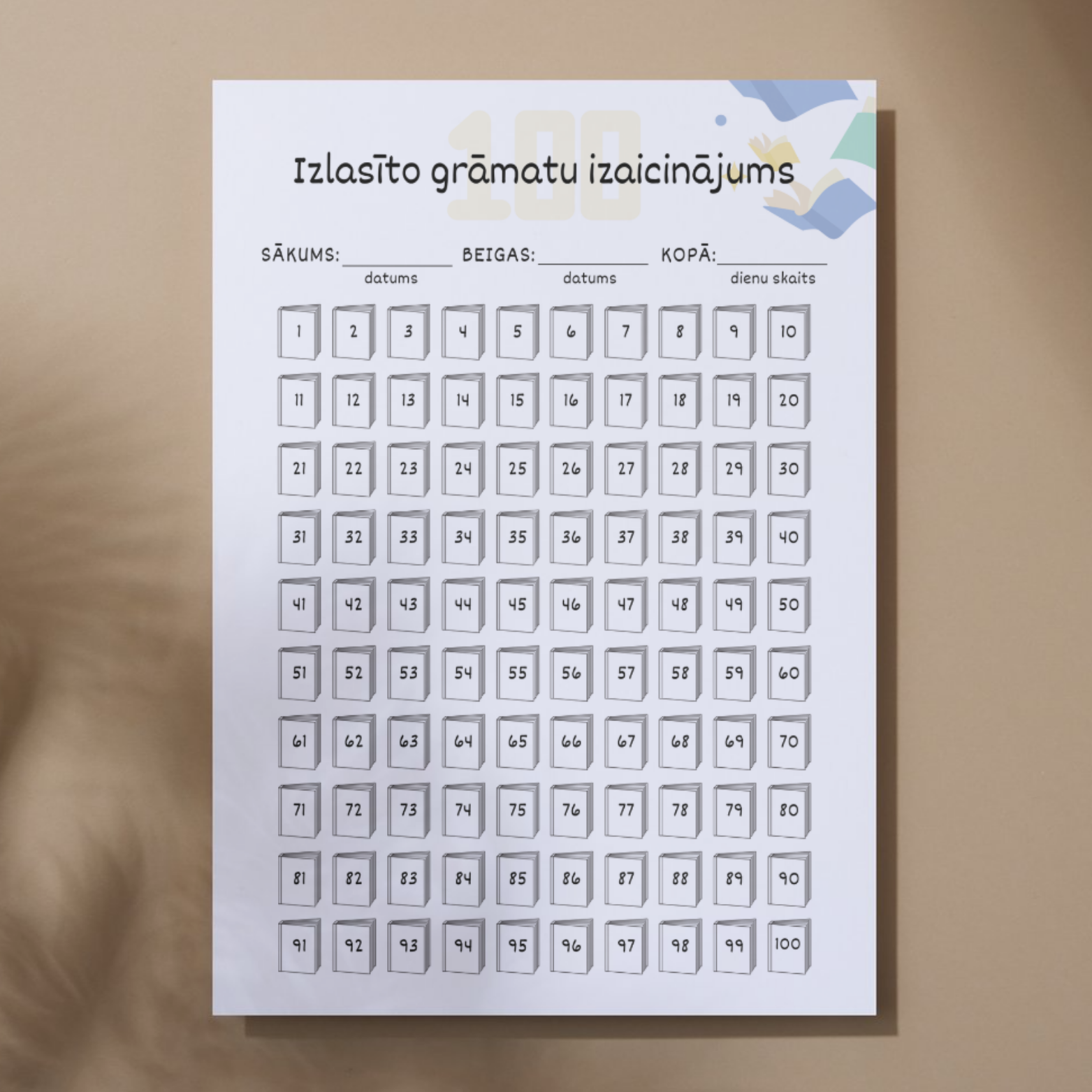 Darba lapa bērniem ar 100 mazām grāmatu ikonām, kuras izkrāso pēc katras izlasītās grāmatas.