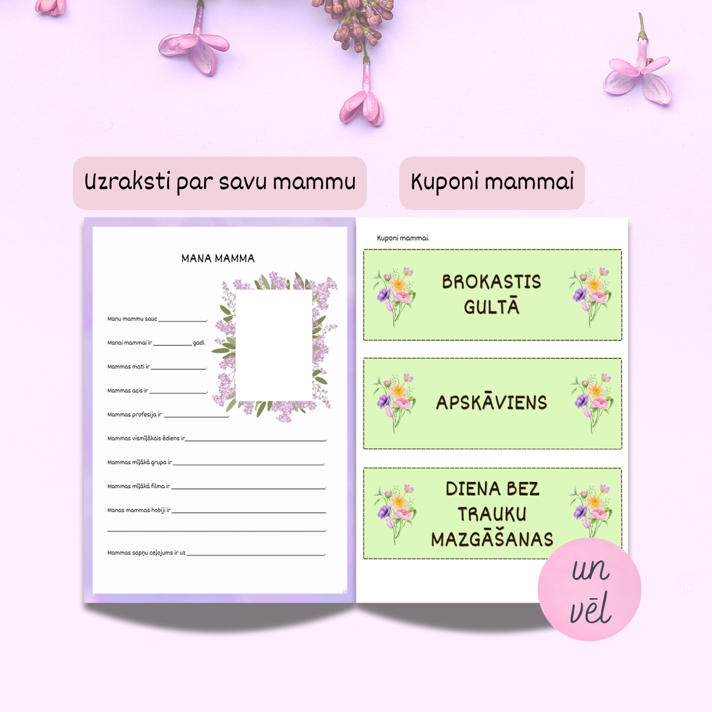 Uzzīmē savu mammu un apraksti, kāda viņa izskatās, kas viņai patīk. Kuponi mammai.