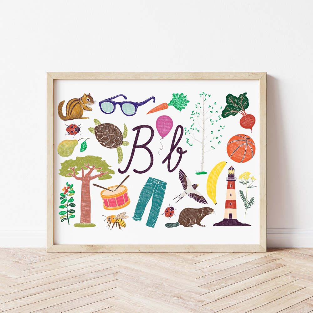 B burta plakāts ar ilustrācijām, izzinošs materiāls, unikāls interjera elements bērnistabai.