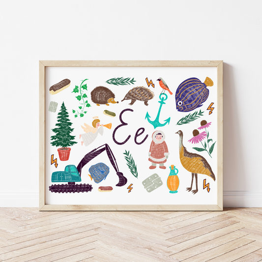 E burta plakāts ar ilustrācijām, izzinošs materiāls, unikāls interjera elements bērnistabai.