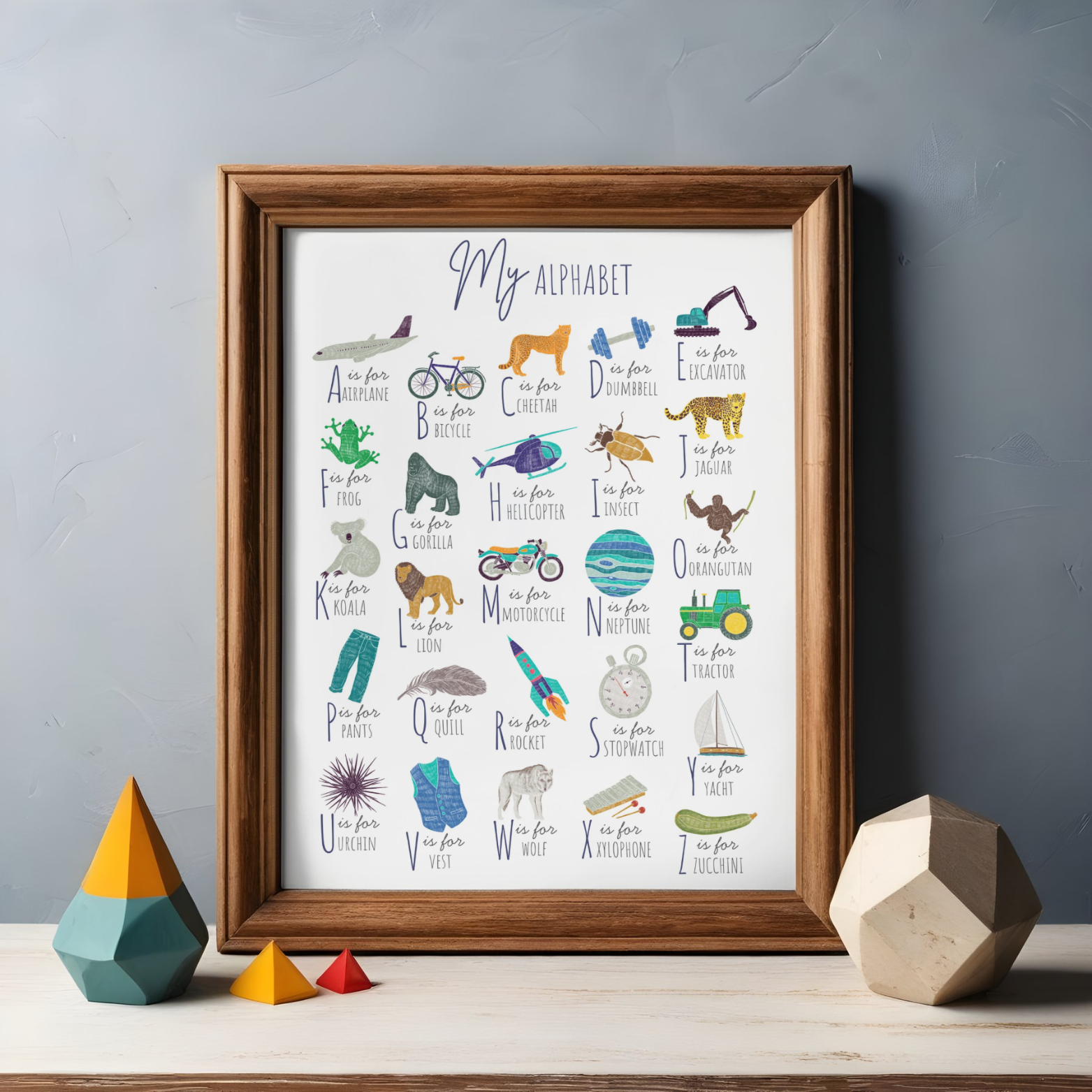 Angļu alfabēta plakāts zēniem ar skaistām, krāsainām ilustrācijām, kas patiks tieši puišiem.
