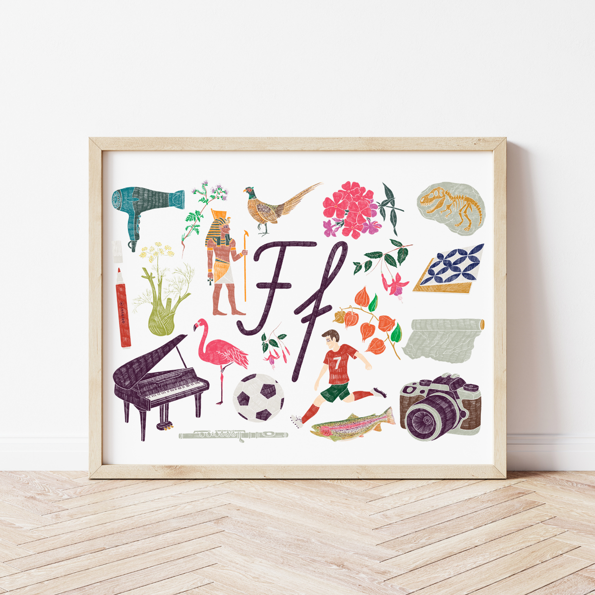 F burta plakāts ar ilustrācijām, izzinošs materiāls, unikāls interjera elements bērnistabai.