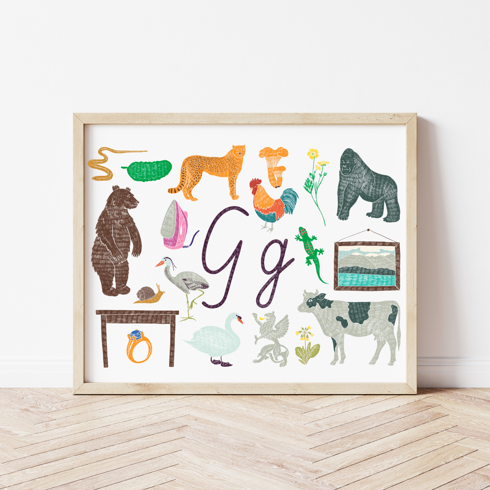 G burta plakāts ar ilustrācijām, izzinošs materiāls, unikāls interjera elements bērnistabai.