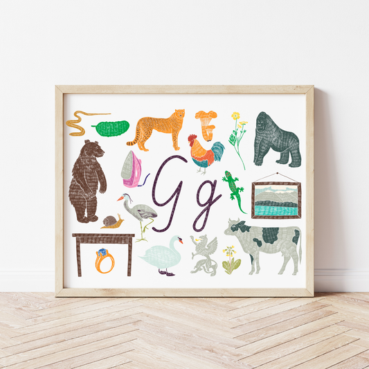 G burta plakāts ar ilustrācijām, izzinošs materiāls, unikāls interjera elements bērnistabai.