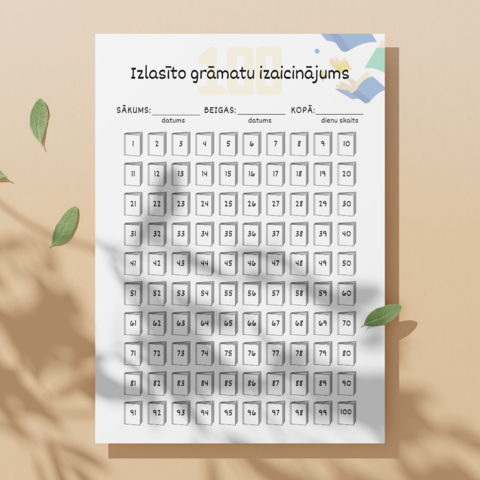 Darba lapa “Izlasīto grāmatu izaicinājums” ir aizraujošs veids, kā motivēt bērnus lasīt vairāk un sekot līdzi saviem sasniegumiem. Uz lapas attēlotas 100 mazas grāmatas, kuras bērns izkrāso katru reizi, kad ir izlasījis jaunu grāmatu.