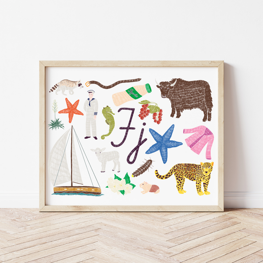 J burta plakāts ar ilustrācijām, izzinošs materiāls, unikāls interjera elements bērnistabai.