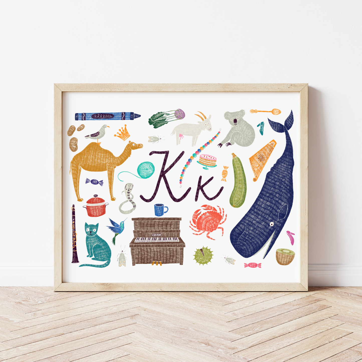 K burta plakāts ar ilustrācijām, izzinošs materiāls, unikāls interjera elements bērnistabai.