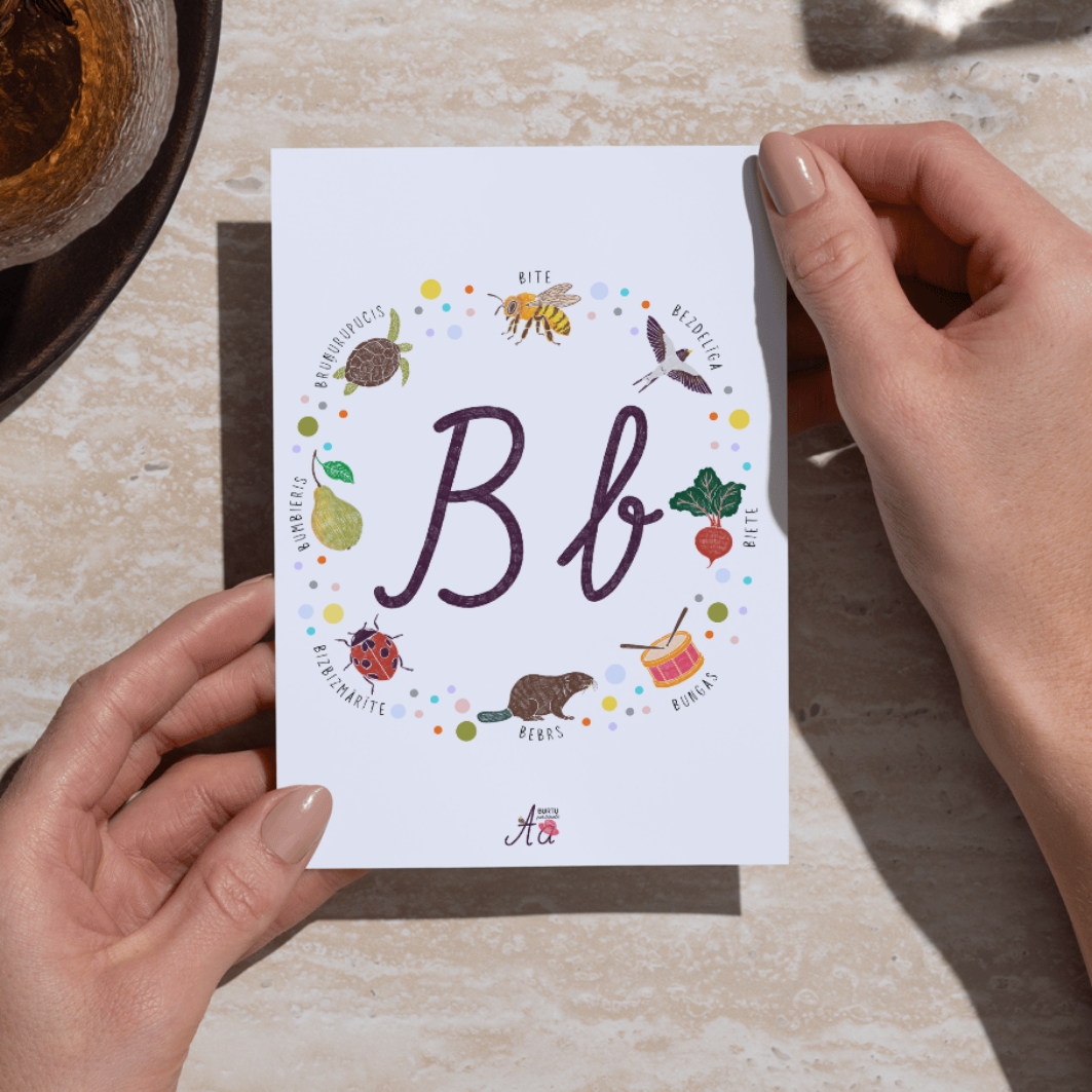 Alfabēta kartīte ar burtu B un krāsainām ilustrācijām bērniem, apsveikuma kartīte.