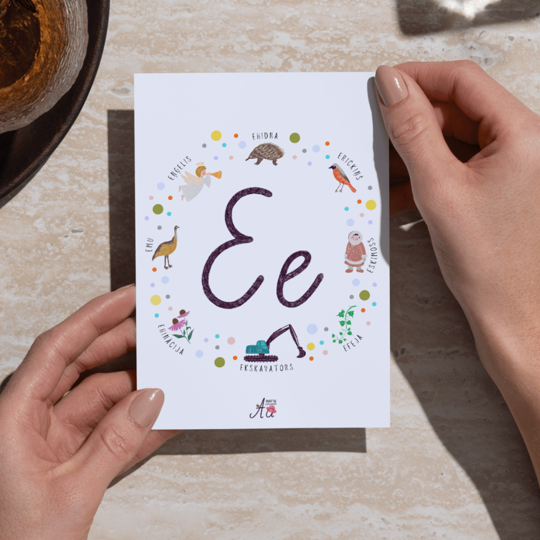 Alfabēta kartīte ar burtu E un krāsainām ilustrācijām bērniem, apsveikuma kartīte.
