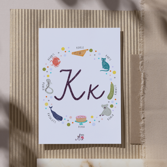 Alfabēta kartīte ar burtu K un krāsainām ilustrācijām, apsveikuma kartīte, dekors bērnistabai, mācību materiāls.