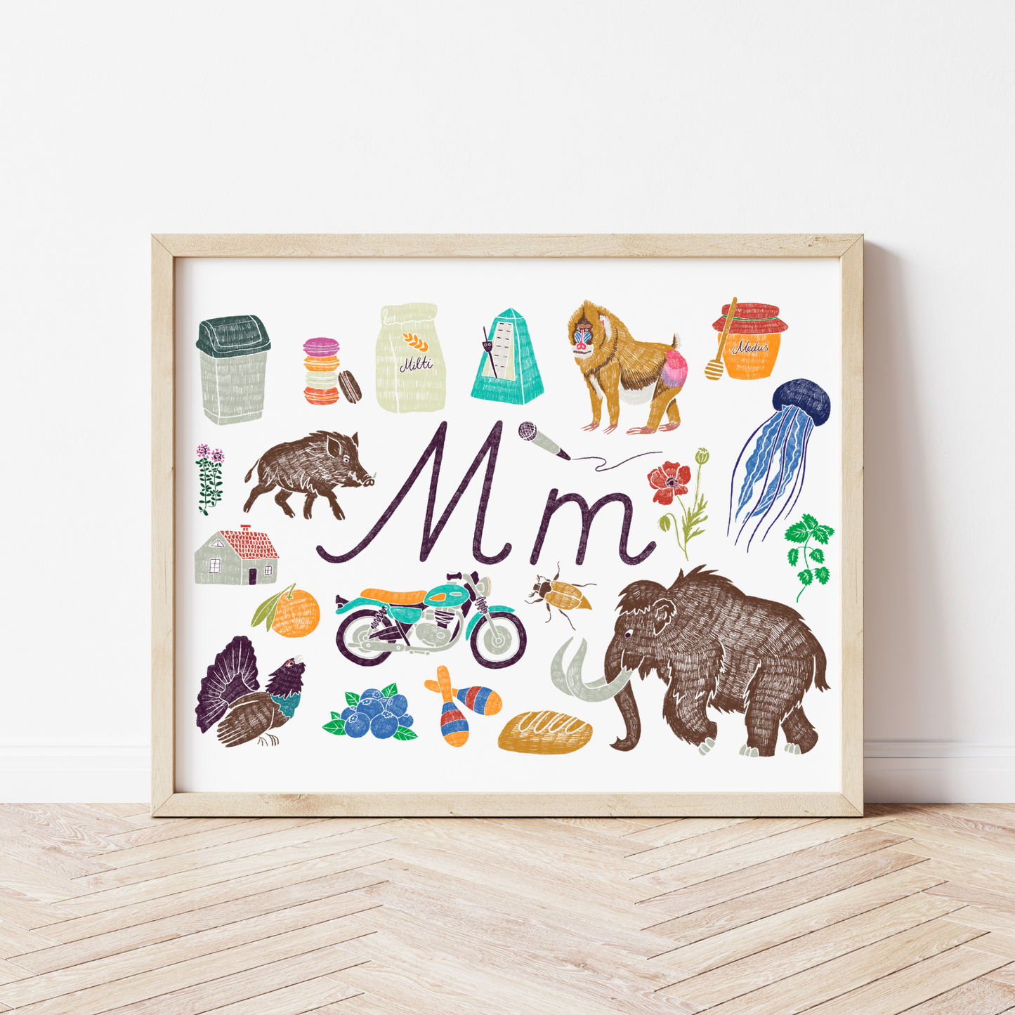 M burta plakāts ar ilustrācijām, izzinošs materiāls, unikāls interjera elements bērnistabai.