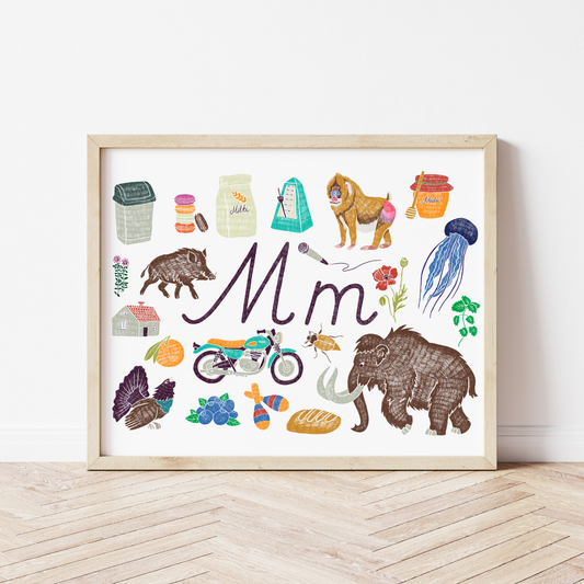M burta plakāts ar ilustrācijām, izzinošs materiāls, unikāls interjera elements bērnistabai.