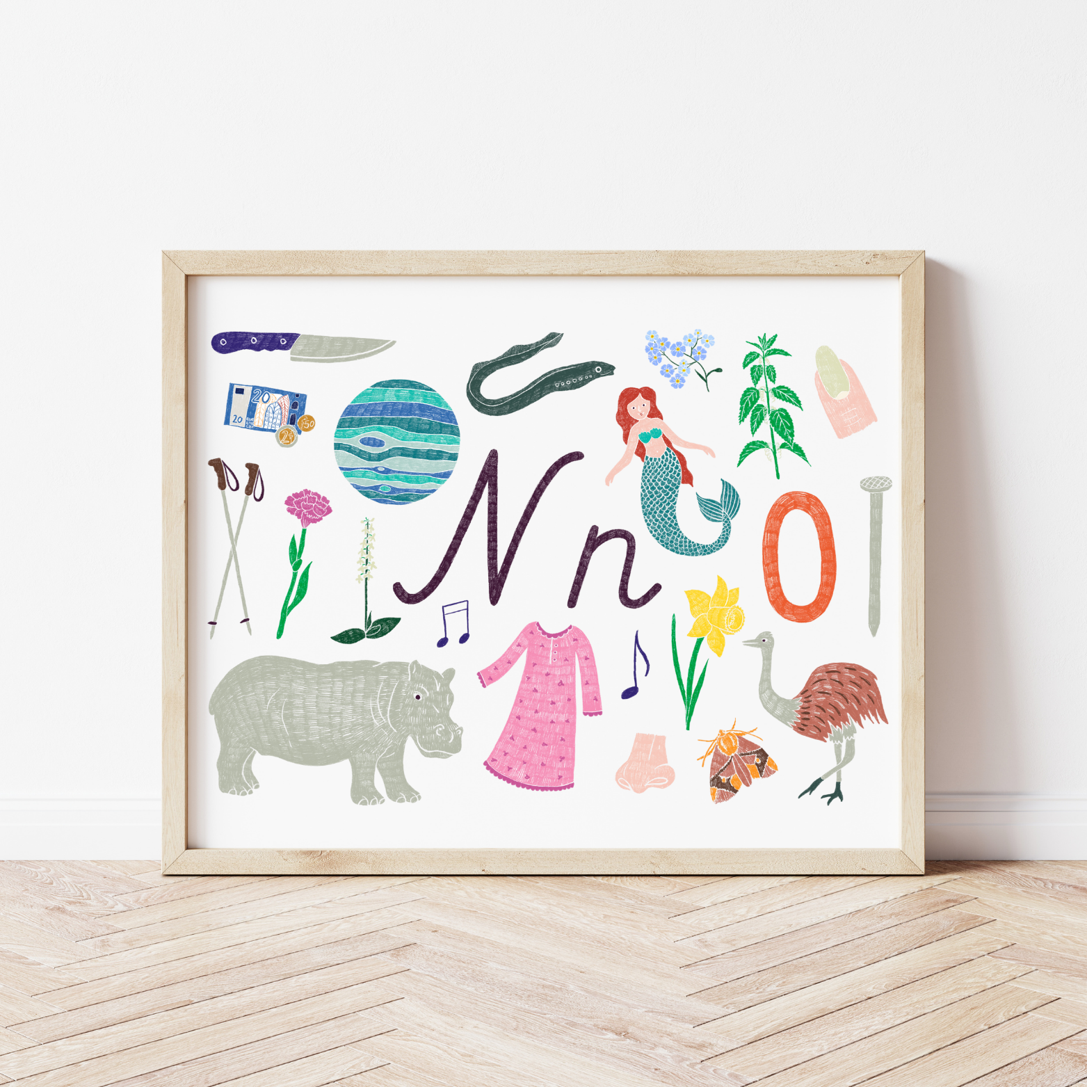 N burta plakāts ar ilustrācijām, izzinošs materiāls, unikāls interjera elements bērnistabai.