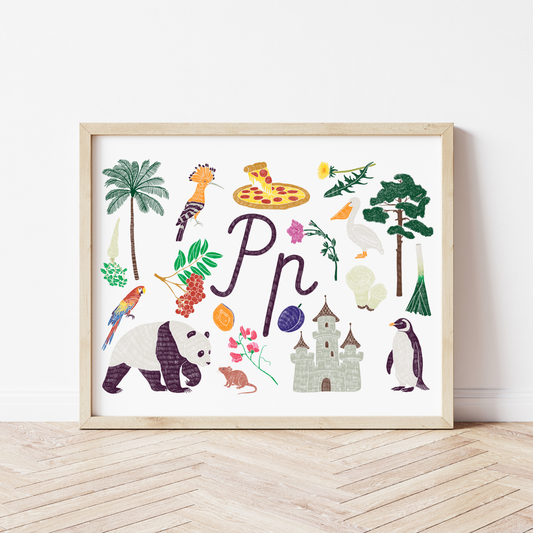 P burta plakāts ar ilustrācijām, izzinošs materiāls, unikāls interjera elements bērnistabai.
