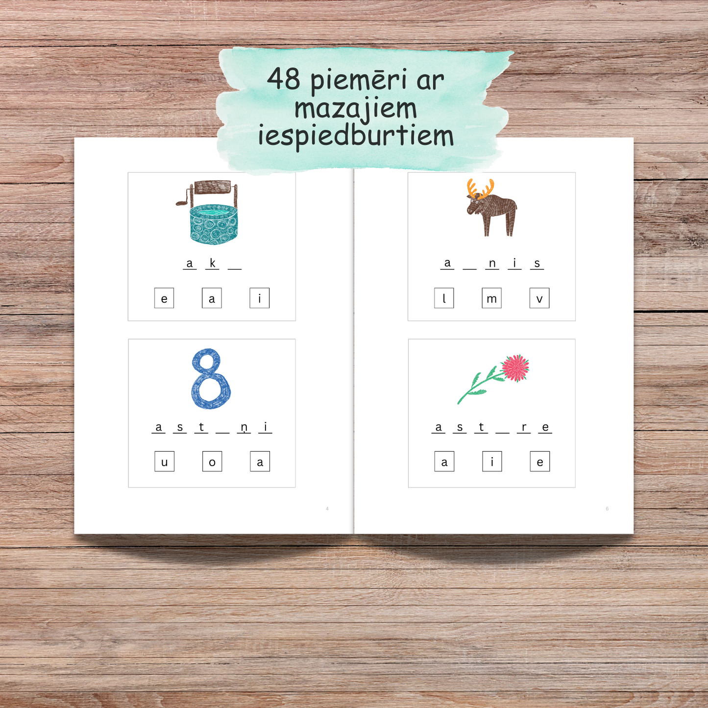 Uzdevumi "Pazudušais burtiņš" - 48 piemēri ar mazajiem iespiedburtiem.