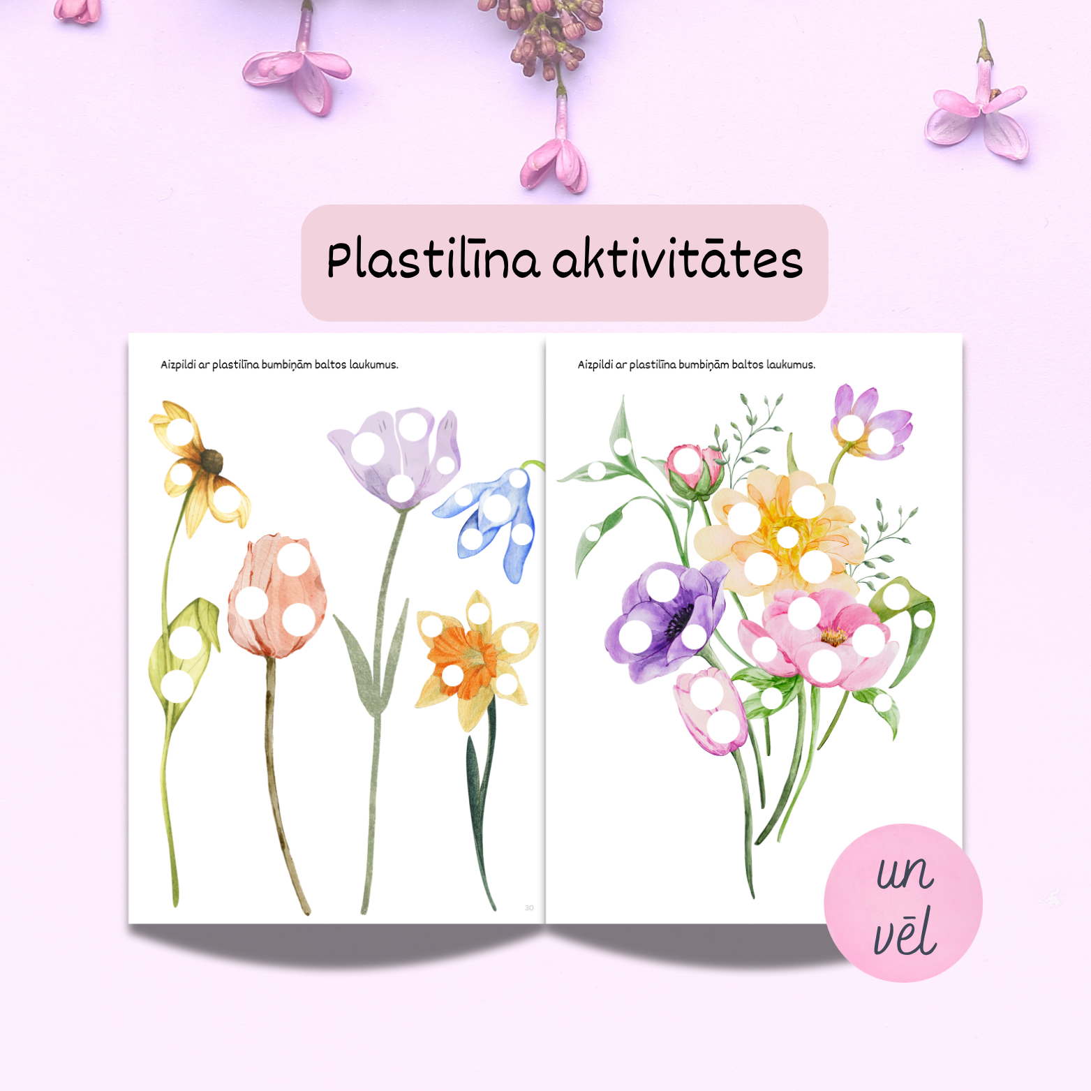 Darbojies ar plastilīnu. Aizpildi baltos laukumus, veidojot ziedus.