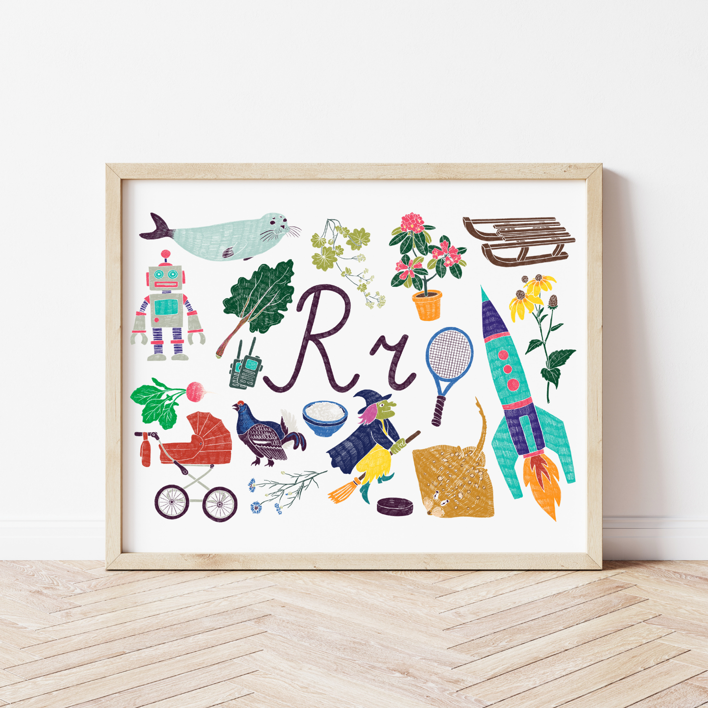 R burta plakāts ar ilustrācijām, izzinošs materiāls, unikāls interjera elements bērnistabai.