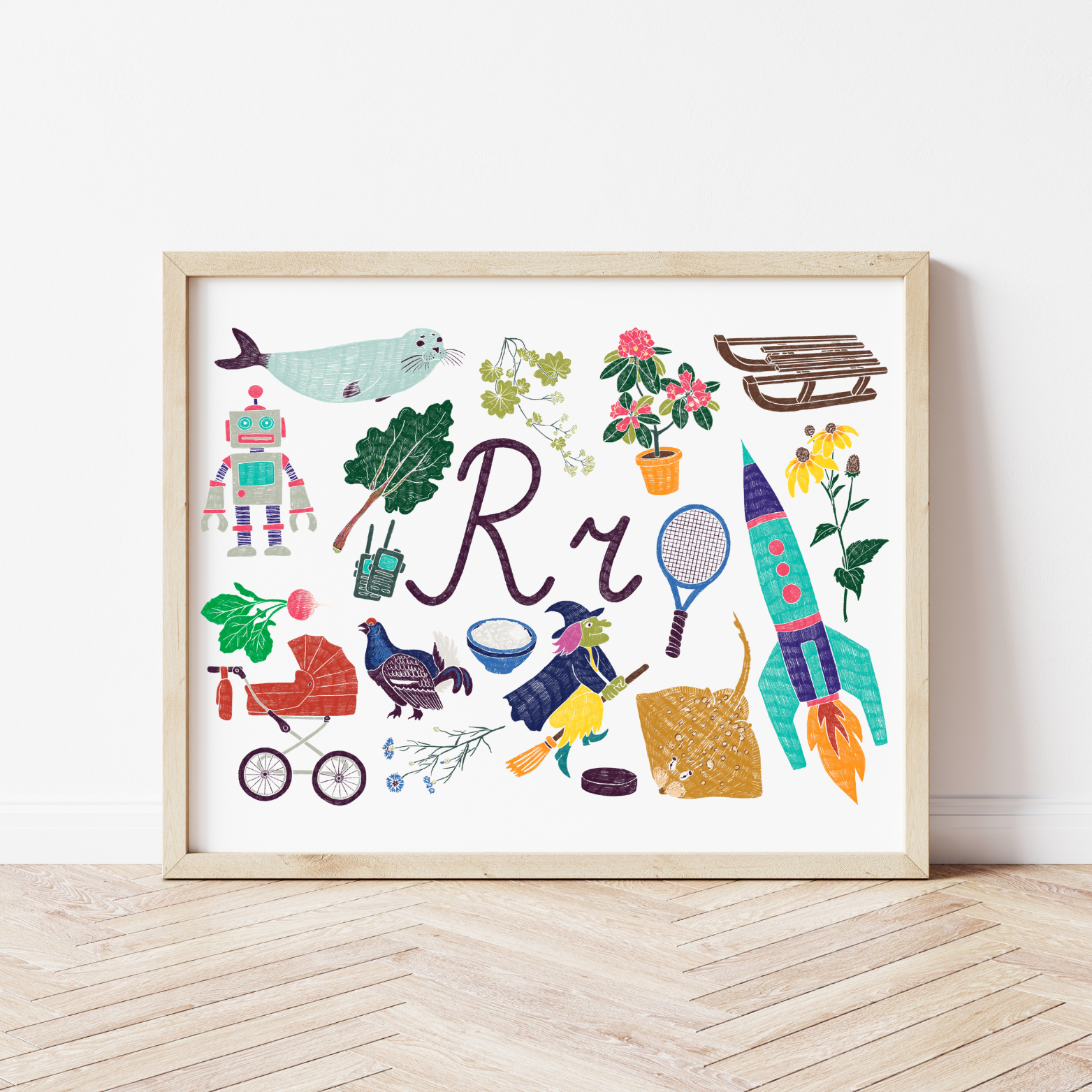 R burta plakāts ar ilustrācijām, izzinošs materiāls, unikāls interjera elements bērnistabai.