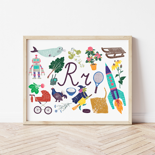R burta plakāts ar ilustrācijām, izzinošs materiāls, unikāls interjera elements bērnistabai.