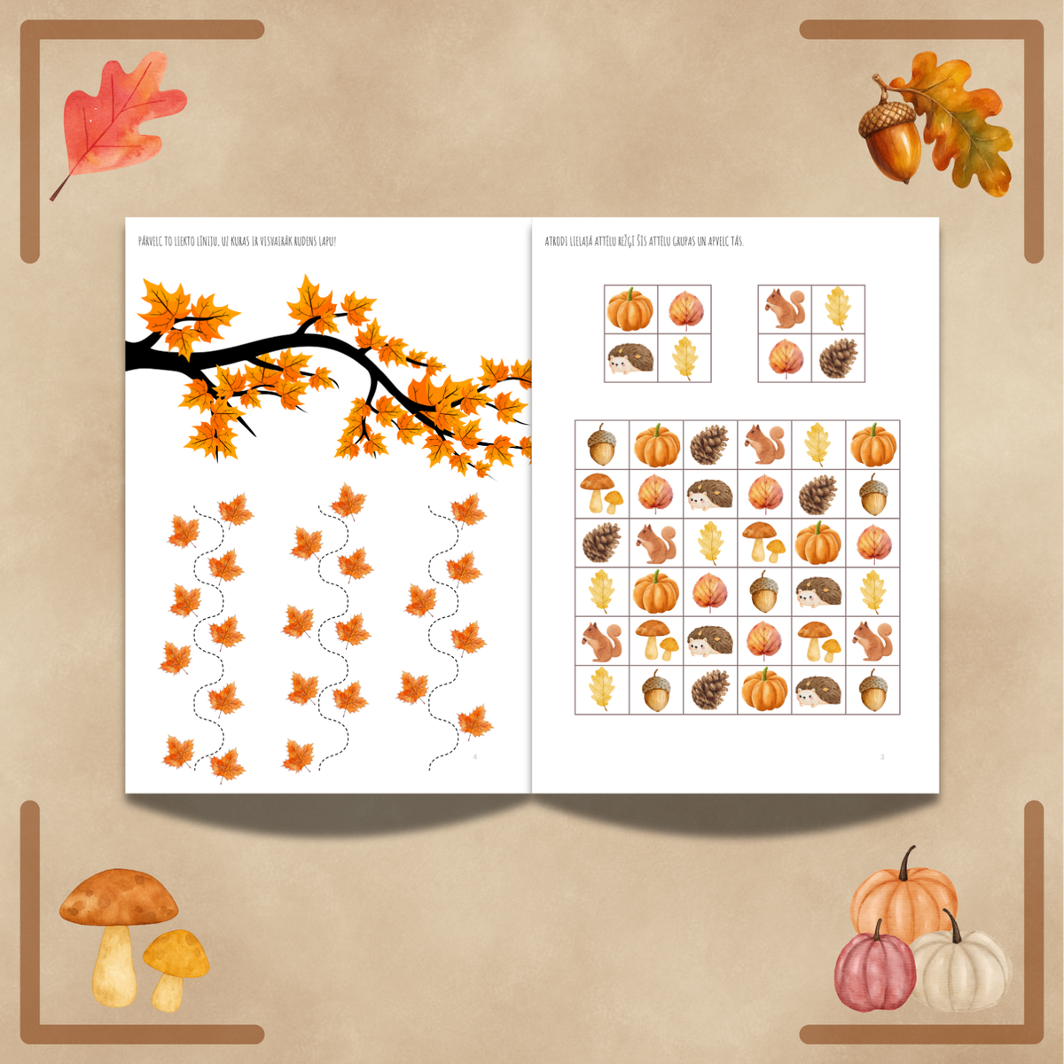 Rudens uzdevumi bērniem vecumā no 4 līdz 7 gadiem. Krāsainas ilustrācijas.