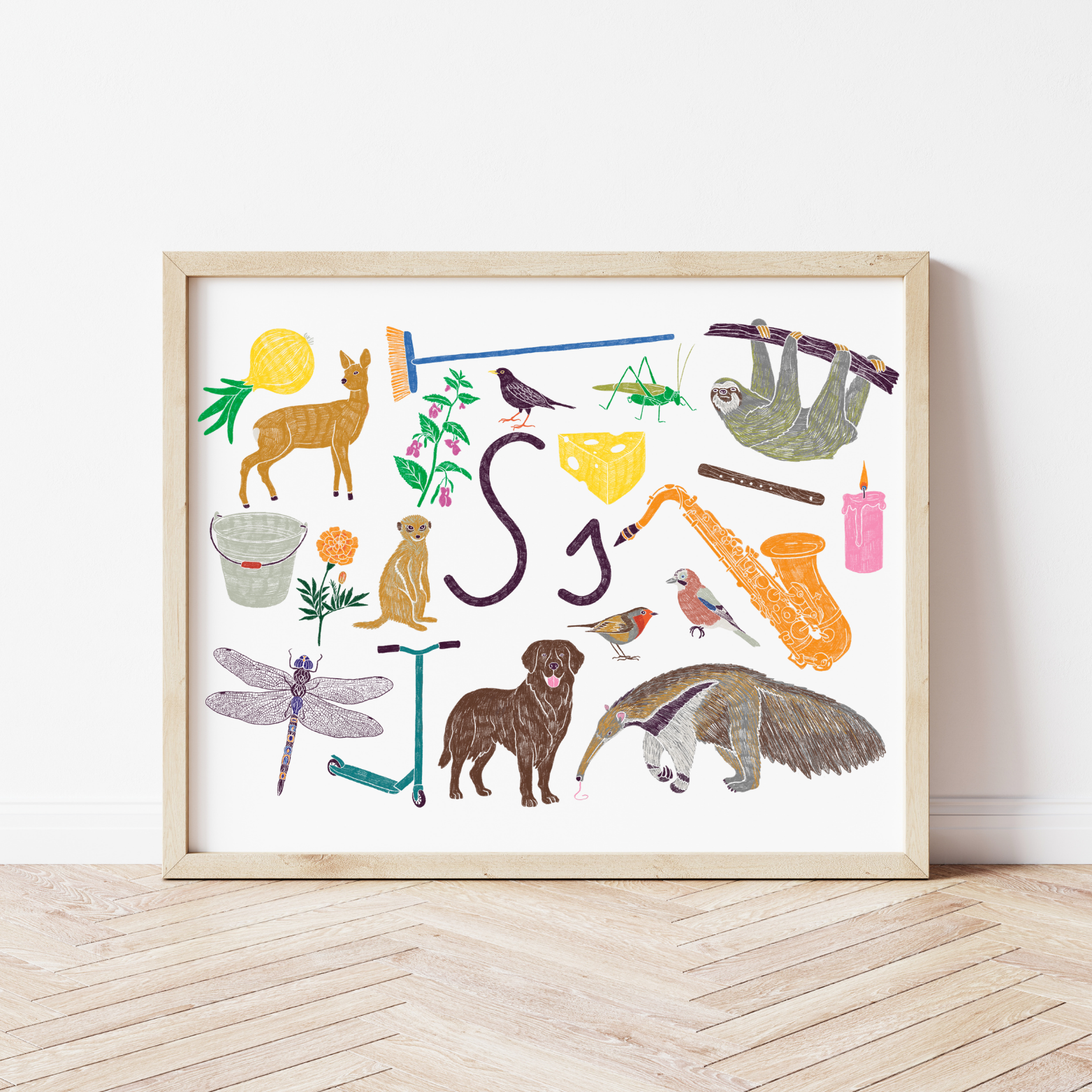 S burta plakāts ar ilustrācijām, izzinošs materiāls, unikāls interjera elements bērnistabai.
