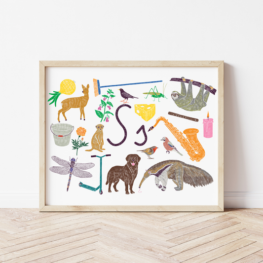 S burta plakāts ar ilustrācijām, izzinošs materiāls, unikāls interjera elements bērnistabai.