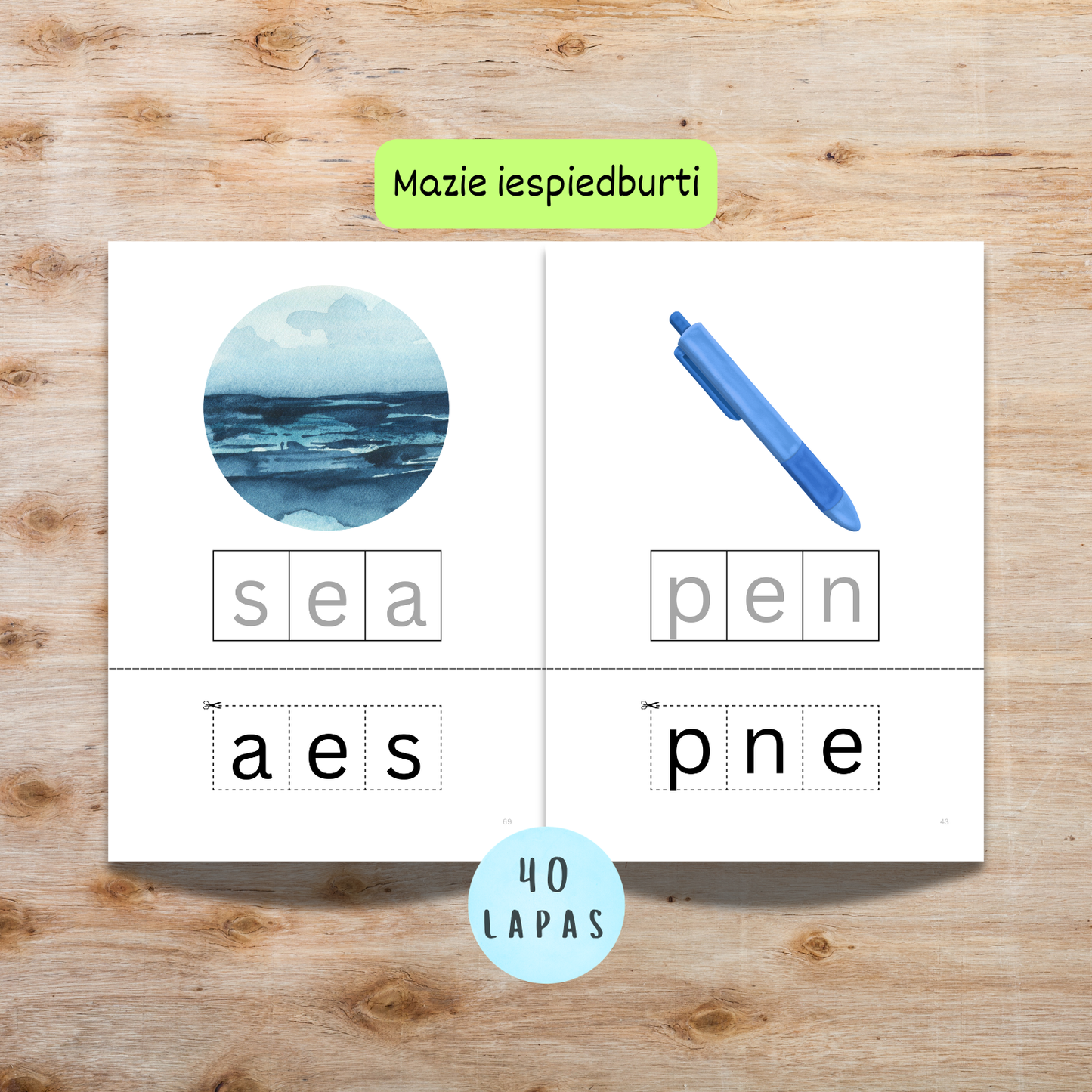 Burtu pasaules uzdevumi "Saliec vārdus ar 3 burtiem" angļu valodā, 40 piemēri ar mazajiem iespiedburtiem.