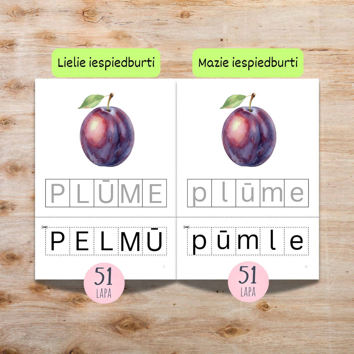 Šajā uzdevumu krājumā augļi, ogas un dārzeņi. Piemēri ar lielajiem un mazajiem iespieburtiem.