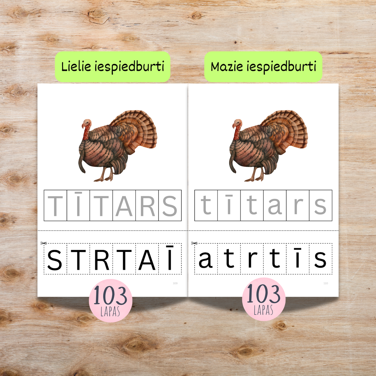 Šīs darba lapas izveidoju 3-4 gadus veciem bērniem, lai iepazīstinātu ar lielajiem un mazajiem iespiedburtiem. Šajās darba lapās jāizgriež burti, un tie jāuzlīmē uz atbilstošās burta ēnas.