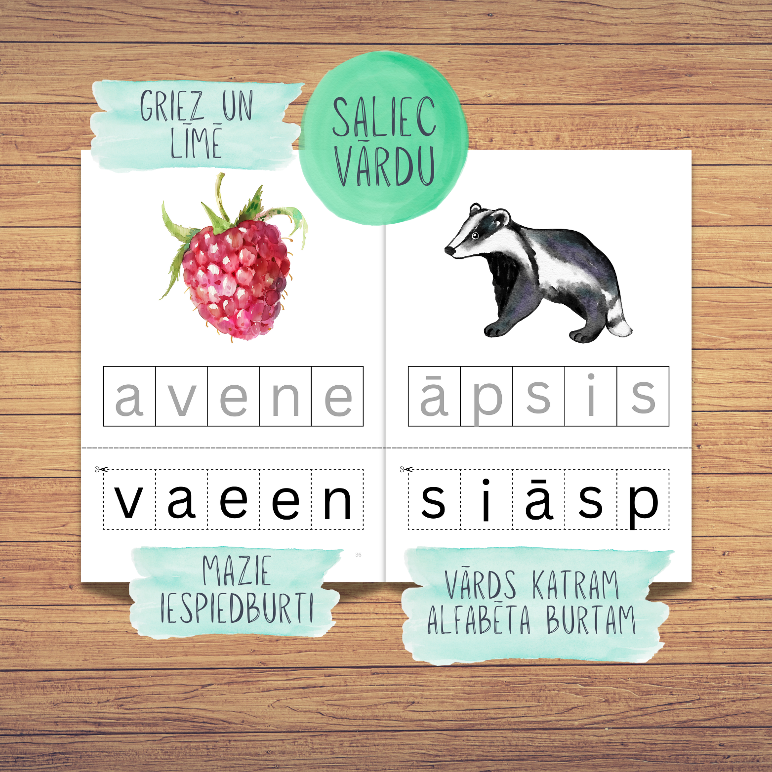Uzdevumi "Saliec vārdu" bērniem, lai iepazīstinātu ar mazajiem iespiedburtiem. Šajās darba lapās jāizgriež burti, un tie jāuzlīmē uz atbilstošās burta ēnas.