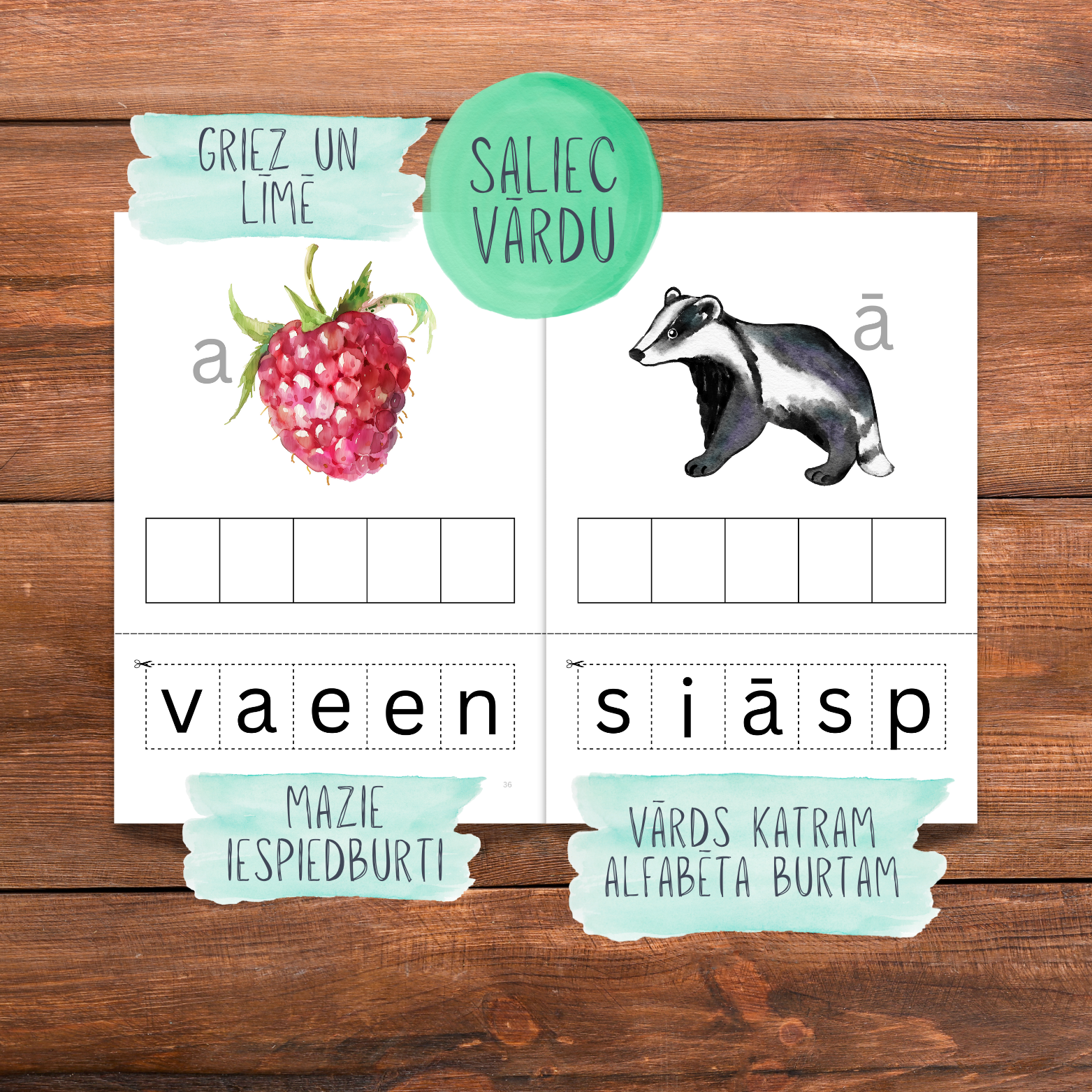 Uzdevumi "Saliec vārdu" - mazo iespiedburtu apgūšana. Izgriez un ielīmē burtus.