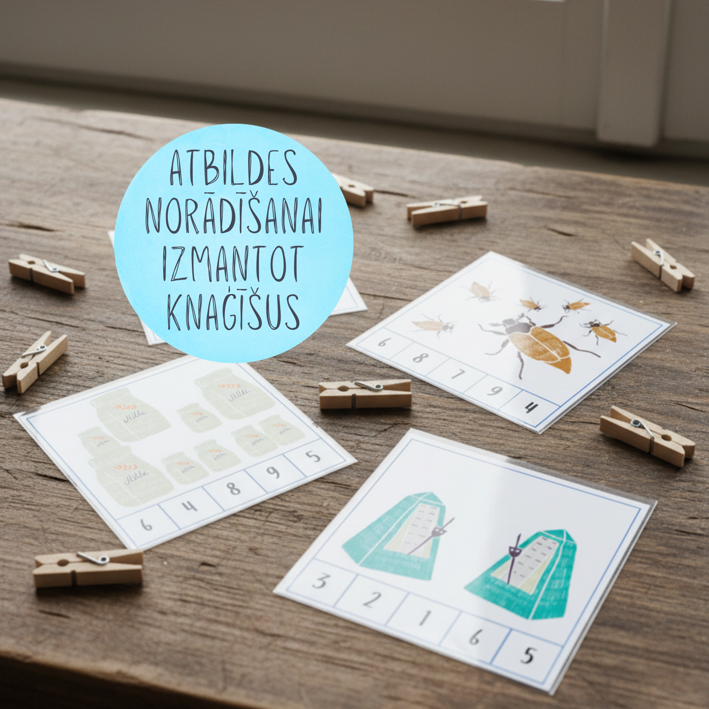 "Saskaiti un izkrāso" - izglītojošas kartītes skaitīšanas apguvei, ciparu norādīšana ar knaģiem.