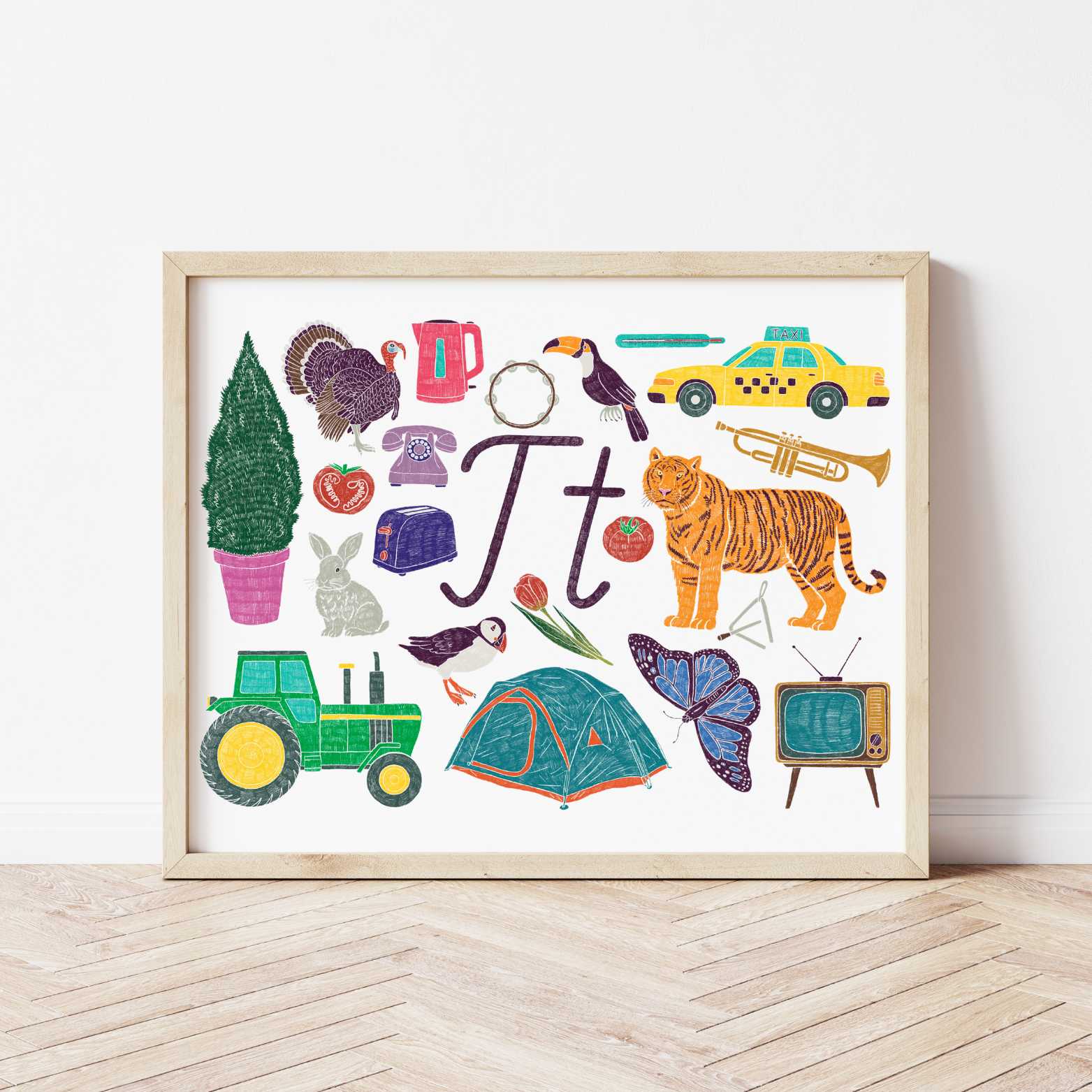 T burta plakāts ar ilustrācijām, izzinošs materiāls, unikāls interjera elements bērnistabai.