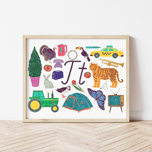 T burta plakāts ar ilustrācijām, izzinošs materiāls, unikāls interjera elements bērnistabai.