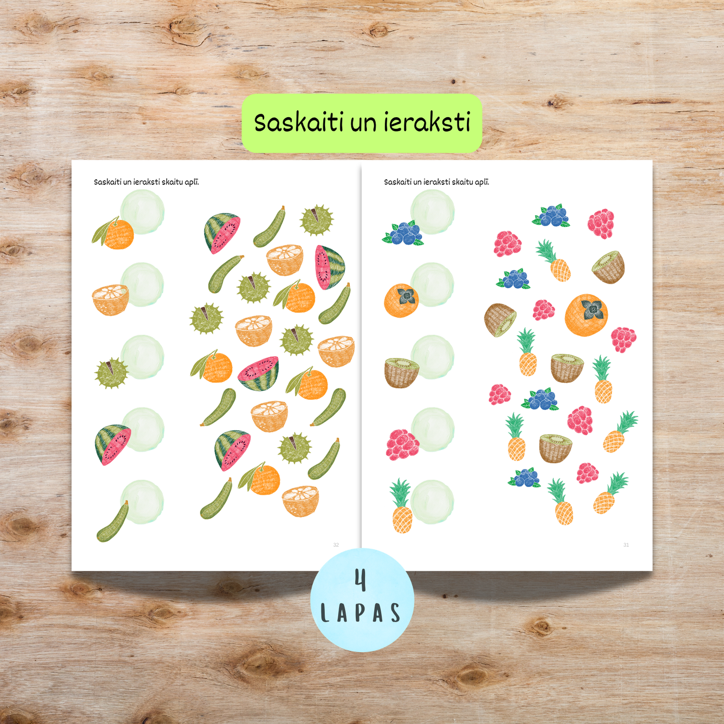 Uzdevumi "MIX1" - saskaiti attēlus un ieraksti atbilstošo skaitu aplī, 4 darba lapas.