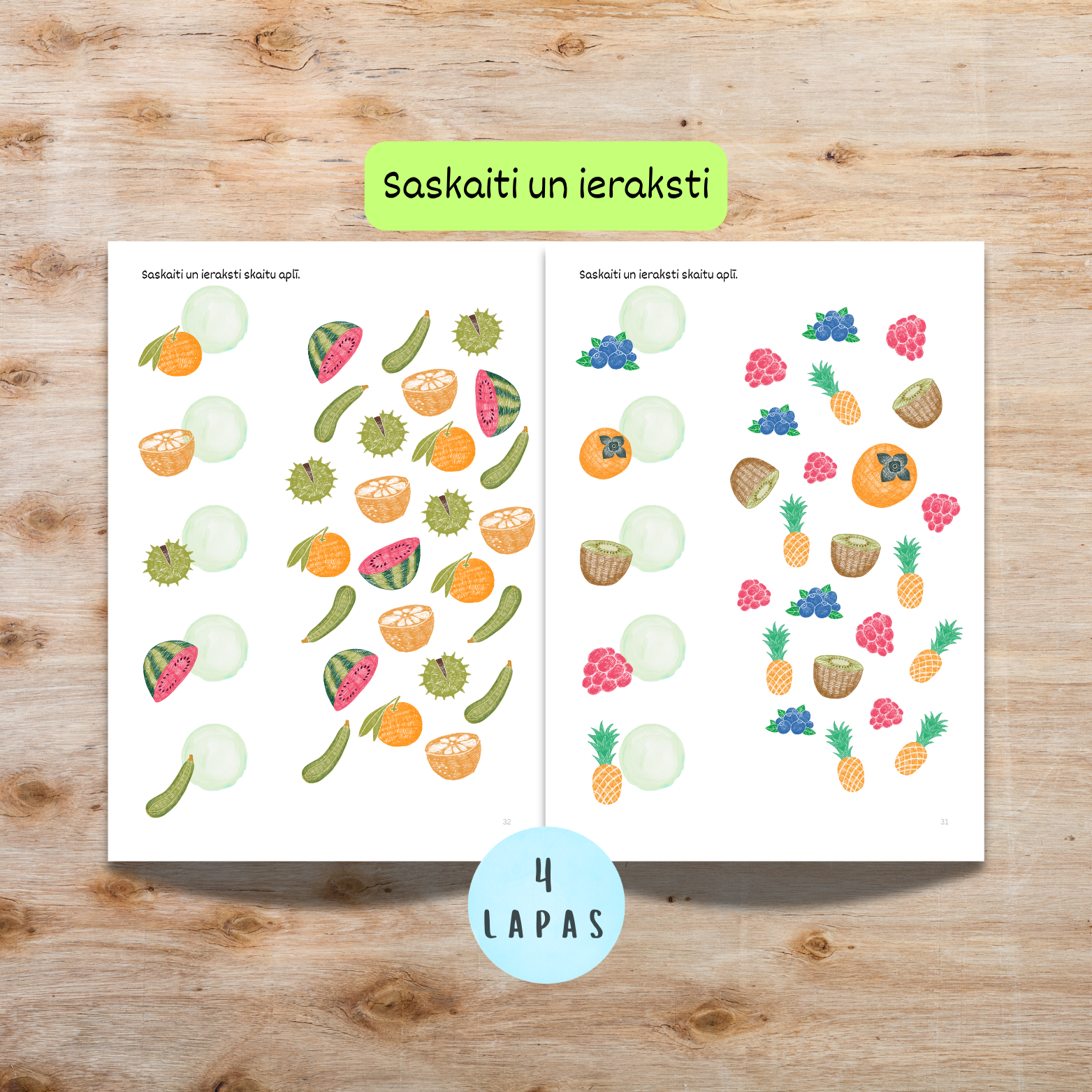 Uzdevumi "MIX1" - saskaiti attēlus un ieraksti atbilstošo skaitu aplī, 4 darba lapas.