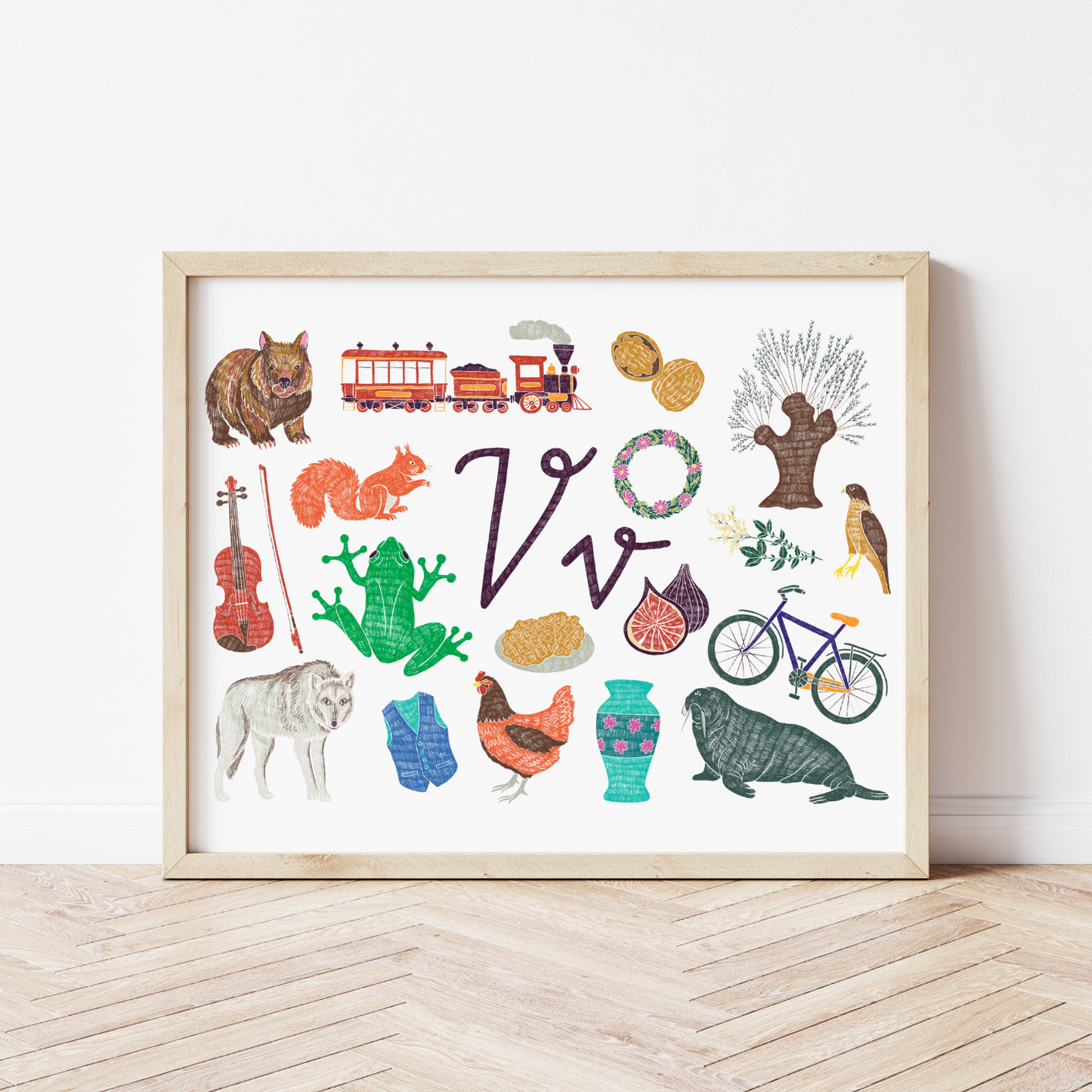 V burta plakāts ar ilustrācijām, izzinošs materiāls, unikāls interjera elements bērnistabai.