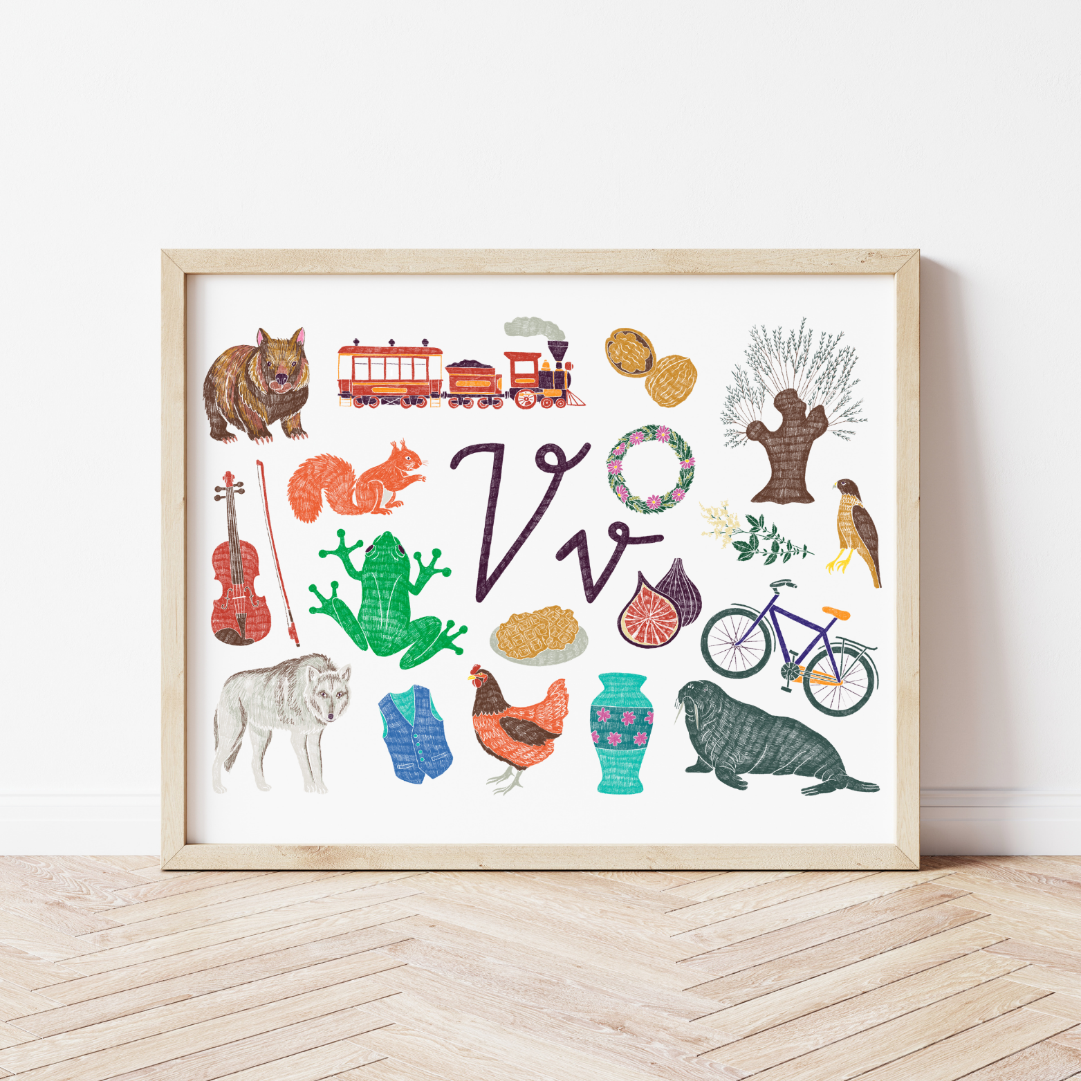 V burta plakāts ar ilustrācijām, izzinošs materiāls, unikāls interjera elements bērnistabai.