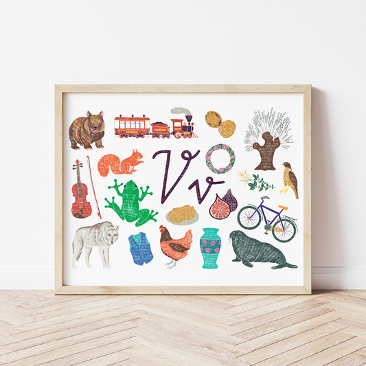 V burta plakāts ar ilustrācijām, izzinošs materiāls, unikāls interjera elements bērnistabai.