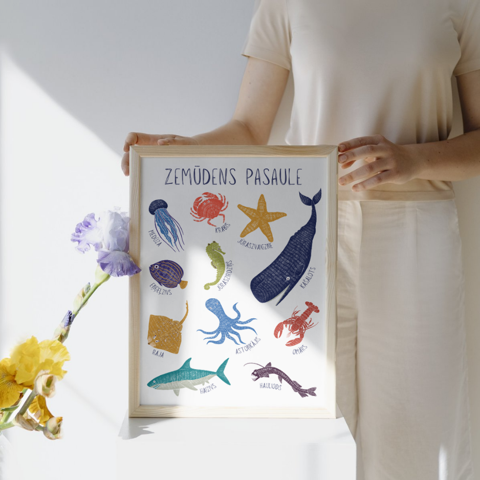 Zemūdens pasaules plakāts gaišā koka rāmī, stāv uz galda, sieviete to tur rokās, blakus īriss.