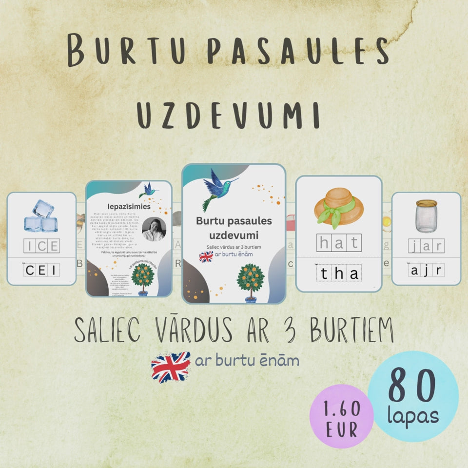 Burtu pasaules uzdevumi "Saliec vārdus ar 3 burtiem" angļu valodā, 40 piemēri ar lielajiem un mazajiem iespiedburtiem. VIDEO