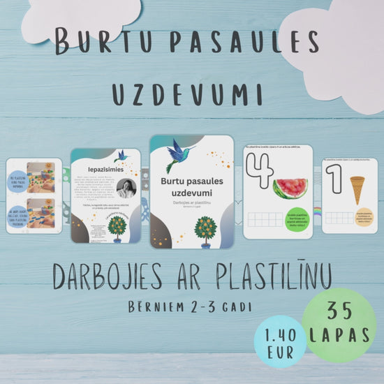 Uzdevumi "Darbojies ar plastilīnu" video - sīkās motorikas attīstīšana, krāsu, formu un ciparu atpazīšana, skaitīšanas apgūšana. 35 darba lapas.