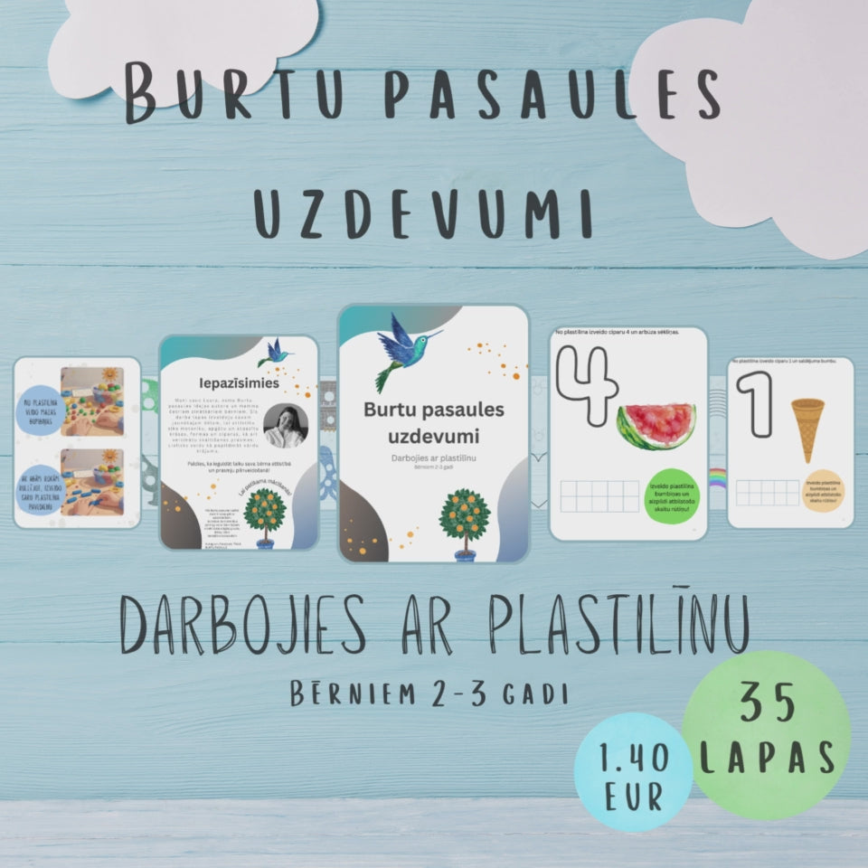 Uzdevumi "Darbojies ar plastilīnu" video - sīkās motorikas attīstīšana, krāsu, formu un ciparu atpazīšana, skaitīšanas apgūšana. 35 darba lapas.