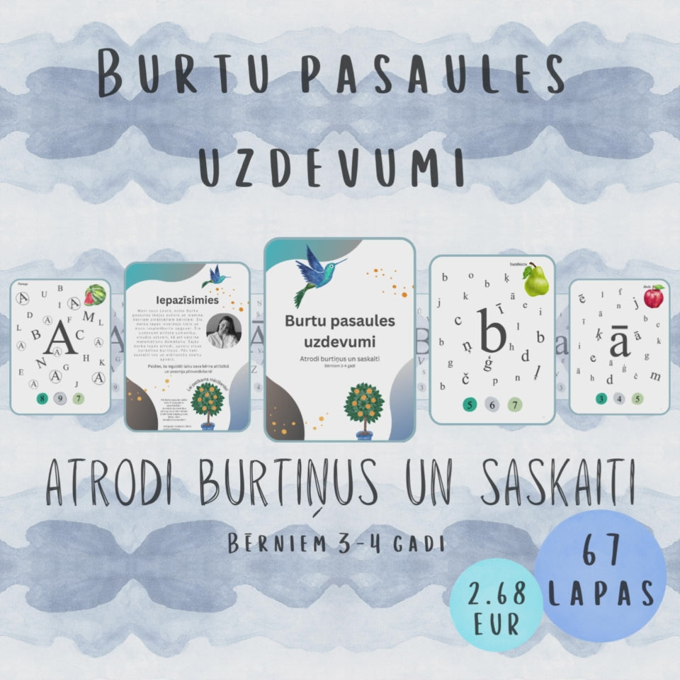 Uzdevumu "Atrodi burtiņus un saskaiti" video - lielo un mazo iespiedburtu apguvei. Šie uzdevumi attīsta uzmanību, vizuālo uztveri, veicina matemātisko domāšanu. 