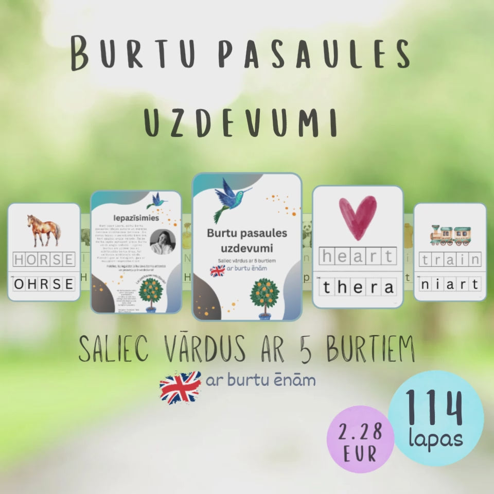 Burtu pasaules uzdevumi "Saliec vārdu ar 5 burtiem" angļu valodā, 114 darba lapas, piemēri ar lielajiem un mazajiem iespiedburtiem, VIDEO.