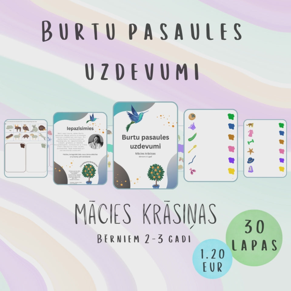 Uzdevumu "Mācies krāsiņas" video - krāsu apgūšana, griešana un līmēšana, savienošanas uzdevumi.