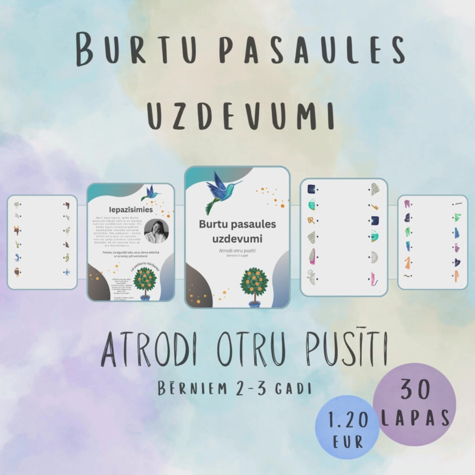 Burtu pasaules uzdevumu "Atrodi otru pusīti" video - uzdevumi bērniem 2-3 gadi, 30 darba lapas.