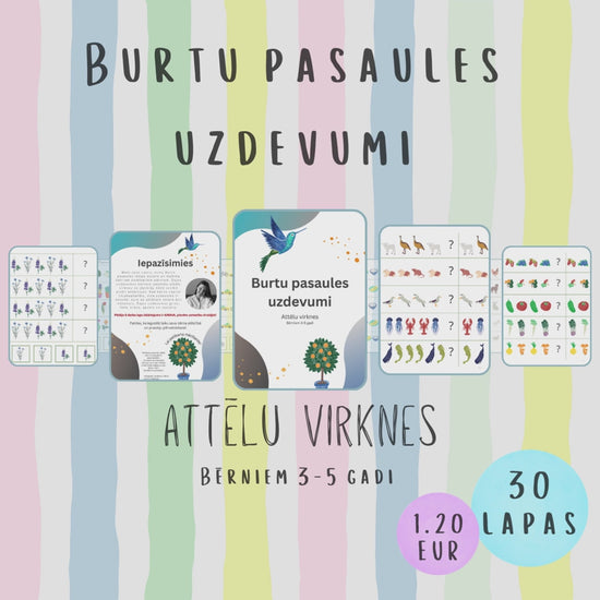 Uzdevumu "Attēlu virknes" video - jāatklāj, kādā secībā attēli atkārtojas. Kad bērns saprot likumsakarību, viņa uzdevums ir noteikt, kurš no attēliem virknē būs nākamais. Šajos uzdevumos griez, līmē, krāso, apvelc un savieno.