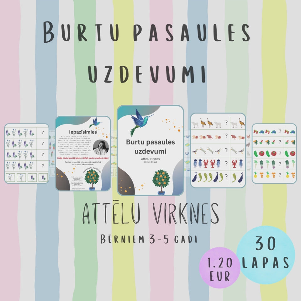 Uzdevumu "Attēlu virknes" video - jāatklāj, kādā secībā attēli atkārtojas. Kad bērns saprot likumsakarību, viņa uzdevums ir noteikt, kurš no attēliem virknē būs nākamais. Šajos uzdevumos griez, līmē, krāso, apvelc un savieno.