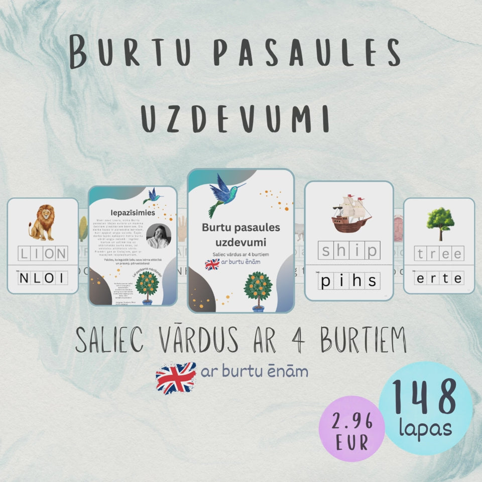 Burtu pasaules uzdevumi "Saliec vārdus ar 4 burtiem" angļu valodā ar burtu ēnām VIDEO.